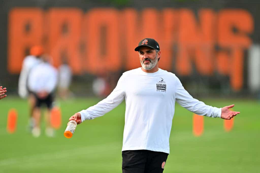 BEREA, OHIO - JULY 26: Head coach Kevin Stefanski of the Cleveland Browns reacts during training camp at CrossCountry Mortgage Campus on July 26, 2025 in Berea, Ohio.
