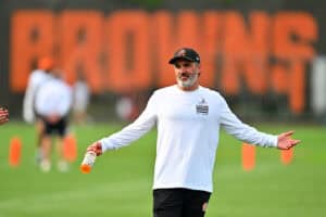 BEREA, OHIO - JULY 26: Head coach Kevin Stefanski of the Cleveland Browns reacts during training camp at CrossCountry Mortgage Campus on July 26, 2025 in Berea, Ohio.