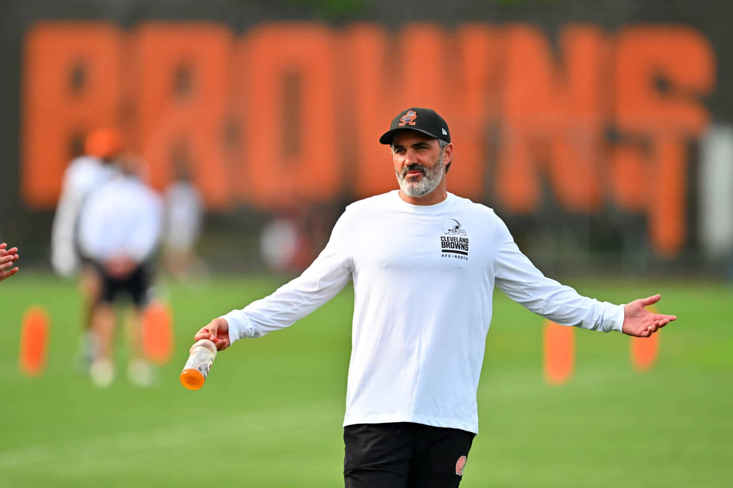 BEREA, OHIO - JULY 26: Head coach Kevin Stefanski of the Cleveland Browns reacts during training camp at CrossCountry Mortgage Campus on July 26, 2025 in Berea, Ohio.