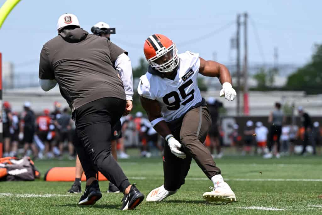 BEREA, OHIO - JUNE 10: Myles Garrett #95 of the Cleveland Browns runs a drill during Cleveland Browns mandatory minicamp at CrossCountry Mortgage Campus on June 10, 2025 in Berea, Ohio.