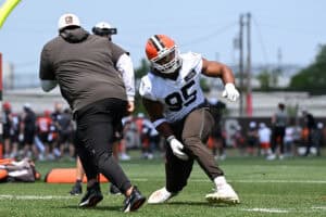 BEREA, OHIO - JUNE 10: Myles Garrett #95 of the Cleveland Browns runs a drill during Cleveland Browns mandatory minicamp at CrossCountry Mortgage Campus on June 10, 2025 in Berea, Ohio.