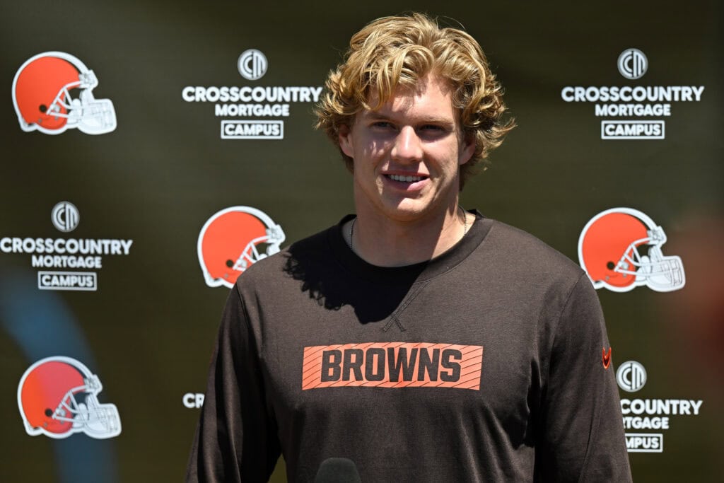 BEREA, OHIO - MAY 09: Carson Schwesinger #49 of the Cleveland Browns answers questions from the media during a press conference prior to rookie minicamp at CrossCountry Mortgage Campus on May 09, 2025 in Berea, Ohio.