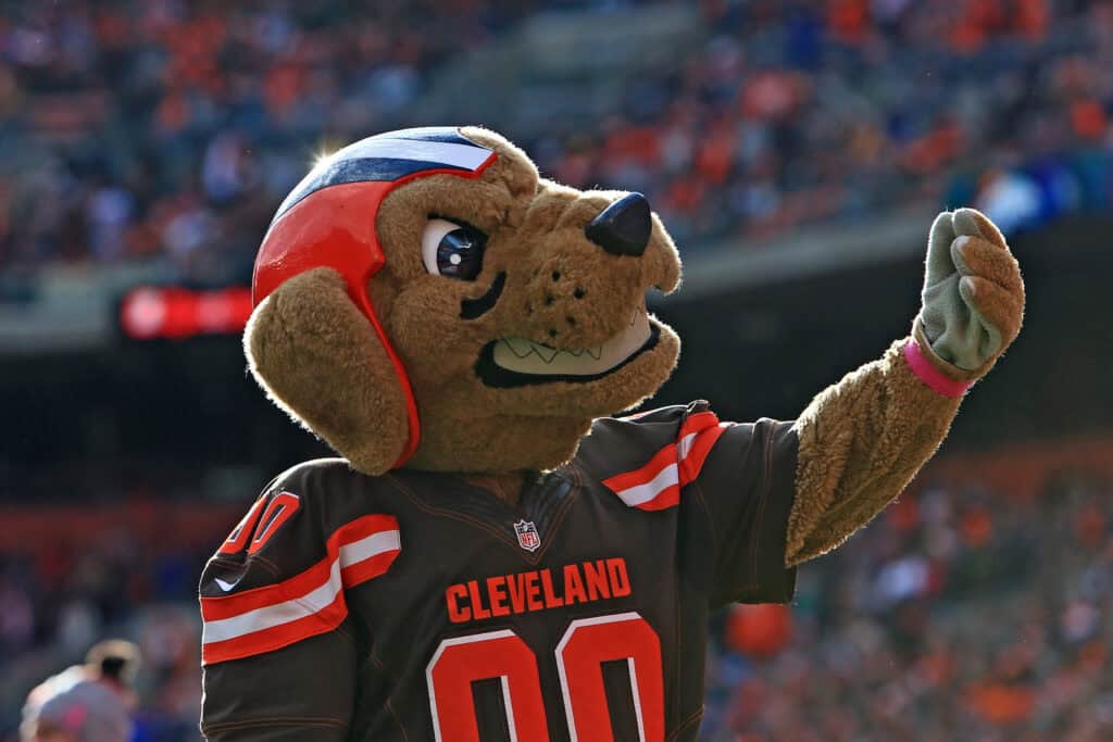 CLEVELAND, OH - OCTOBER 18: Chomps mascot of the Cleveland Browns against the Denver Broncos at Cleveland Browns Stadium on October 18, 2015 in Cleveland, Ohio. Broncos defeated Browns 26-23.