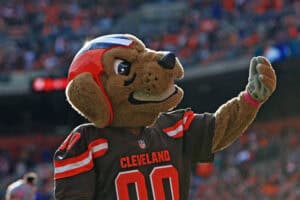 CLEVELAND, OH - OCTOBER 18: Chomps mascot of the Cleveland Browns against the Denver Broncos at Cleveland Browns Stadium on October 18, 2015 in Cleveland, Ohio. Broncos defeated Browns 26-23.