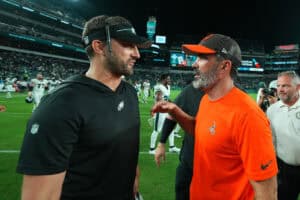 PHILADELPHIA, PENNSYLVANIA - AUGUST 17: Head coach Nick Sirianni and the Philadelphia Eagles talks to head coach Kevin Stefanski of the Cleveland Browns after the preseason game at Lincoln Financial Field on August 17, 2023 in Philadelphia, Pennsylvania. The Browns tied the Eagles 18-18.