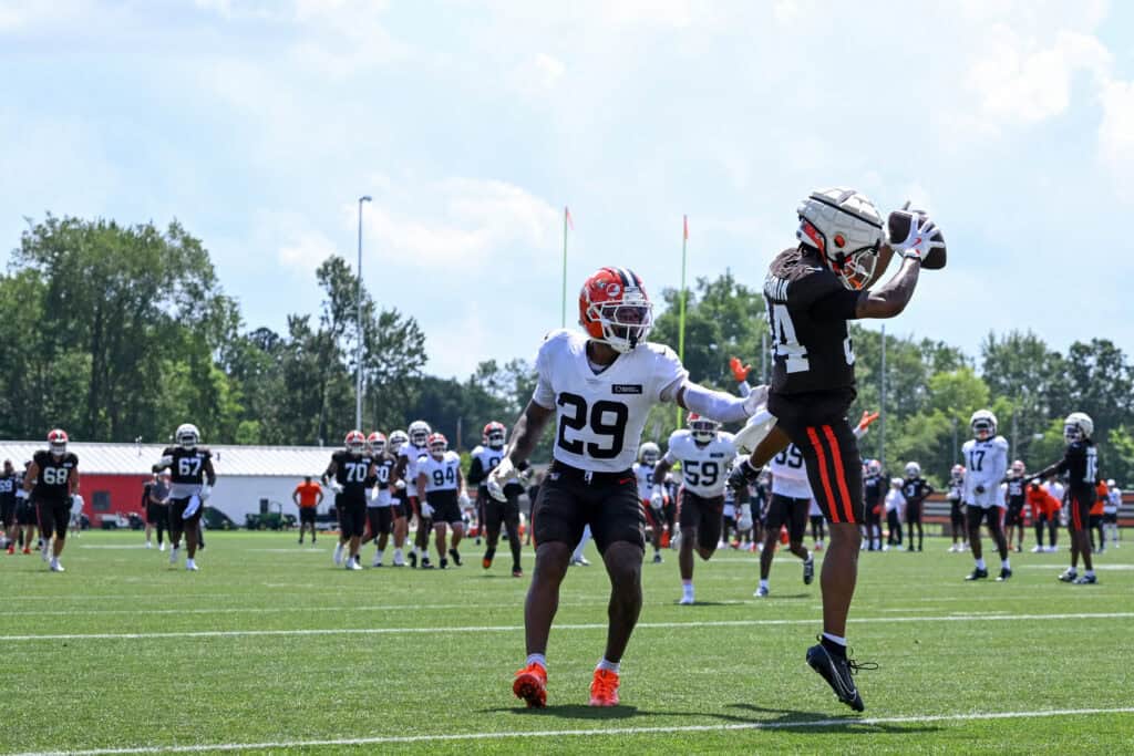 BEREA, OHIO - JULY 28: Gage Larvadain #84 of the Cleveland Browns catches a pass against Cameron Mitchell #29 during Cleveland Browns training camp at CrossCountry Mortgage Campus on July 28, 2025 in Berea, Ohio.