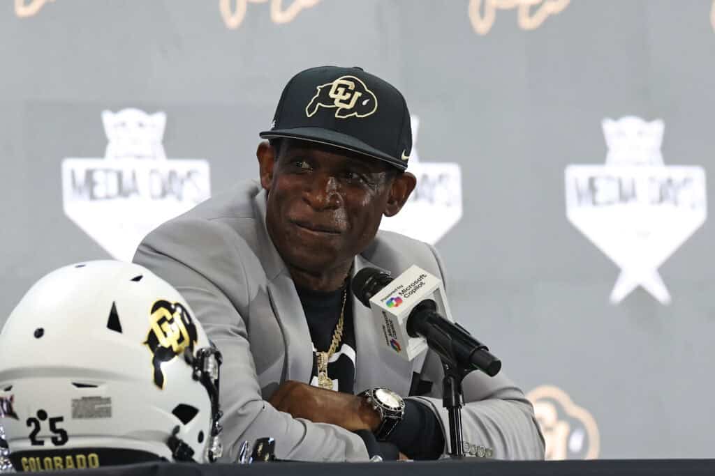 FRISCO, TEXAS - JULY 09: Head coach Deion Sanders of the Colorado Buffaloes speaks with the media during the Big 12 Media Days at The Ford Center at The Star on July 09, 2025 in Frisco, Texas.