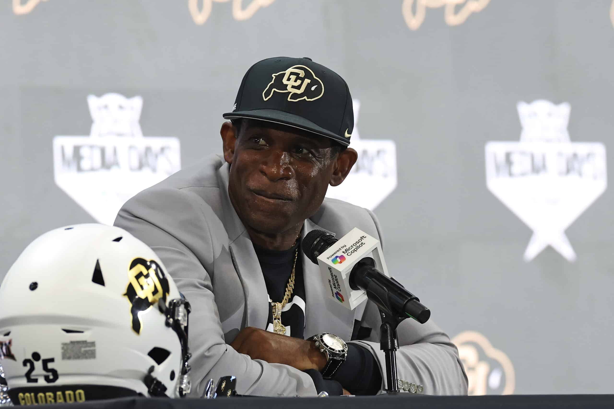 FRISCO, TEXAS - JULY 09: Head coach Deion Sanders of the Colorado Buffaloes speaks with the media during the Big 12 Media Days at The Ford Center at The Star on July 09, 2025 in Frisco, Texas.