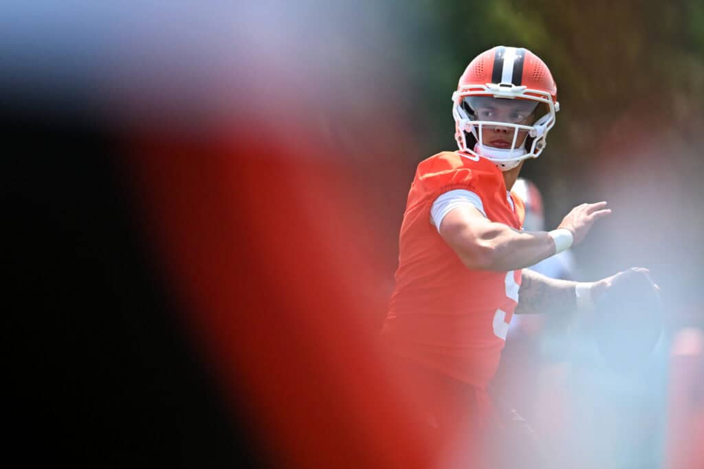 BEREA, OHIO - JUNE 11: Dillon Gabriel #5 of the Cleveland Browns throws a pass during Cleveland Browns mandatory minicamp at CrossCountry Mortgage Campus on June 11, 2025 in Berea, Ohio.