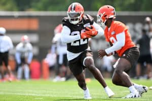 BEREA, OHIO - JUNE 04: Dylan Sampson #22 of the Cleveland Browns runs a drill during Cleveland Browns OTA offseason workouts at CrossCountry Mortgage Campus on June 04, 2025 in Berea, Ohio.
