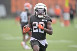 BEREA, OHIO - JULY 25: Running back Dylan Sampson #22 of the Cleveland Browns runs a play during training camp at CrossCountry Mortgage Campus on July 25, 2025, in Berea, Ohio.