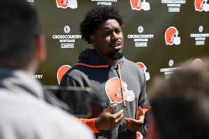 BEREA, OHIO - MAY 09: Dylan Sampson #22 of the Cleveland Browns answers questions from the media during a press conference prior to rookie minicamp at CrossCountry Mortgage Campus on May 09, 2025 in Berea, Ohio.