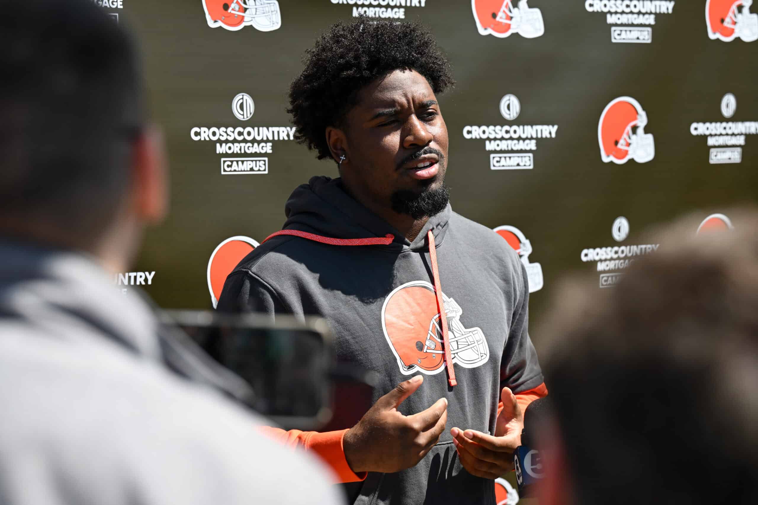 BEREA, OHIO - MAY 09: Dylan Sampson #22 of the Cleveland Browns answers questions from the media during a press conference prior to rookie minicamp at CrossCountry Mortgage Campus on May 09, 2025 in Berea, Ohio.