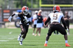 BEREA, OHIO - JUNE 11: Jerry Jeudy #3 of the Cleveland Browns runs a drill during Cleveland Browns mandatory minicamp at CrossCountry Mortgage Campus on June 11, 2025 in Berea, Ohio.