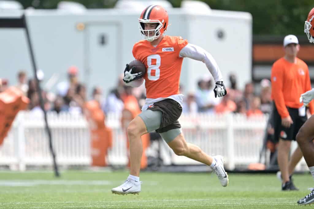 BEREA, OHIO - JULY 25: Quarterback Kenny Pickett #8 of the Cleveland Browns scrambles during training camp at CrossCountry Mortgage Campus on July 25, 2025 in Berea, Ohio.