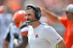 CLEVELAND, OHIO - AUGUST 22: Head coach Kevin Stefanski of the Cleveland Browns watches from the sidelines during the second quarter against the New York Giants at FirstEnergy Stadium on August 22, 2021 in Cleveland, Ohio.