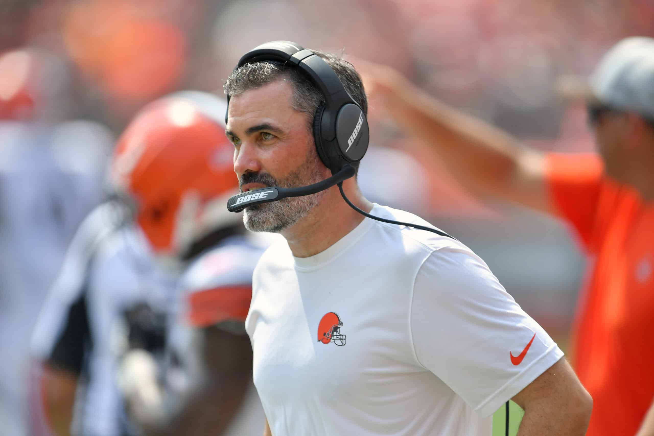CLEVELAND, OHIO - AUGUST 22: Head coach Kevin Stefanski of the Cleveland Browns watches from the sidelines during the second quarter against the New York Giants at FirstEnergy Stadium on August 22, 2021 in Cleveland, Ohio.