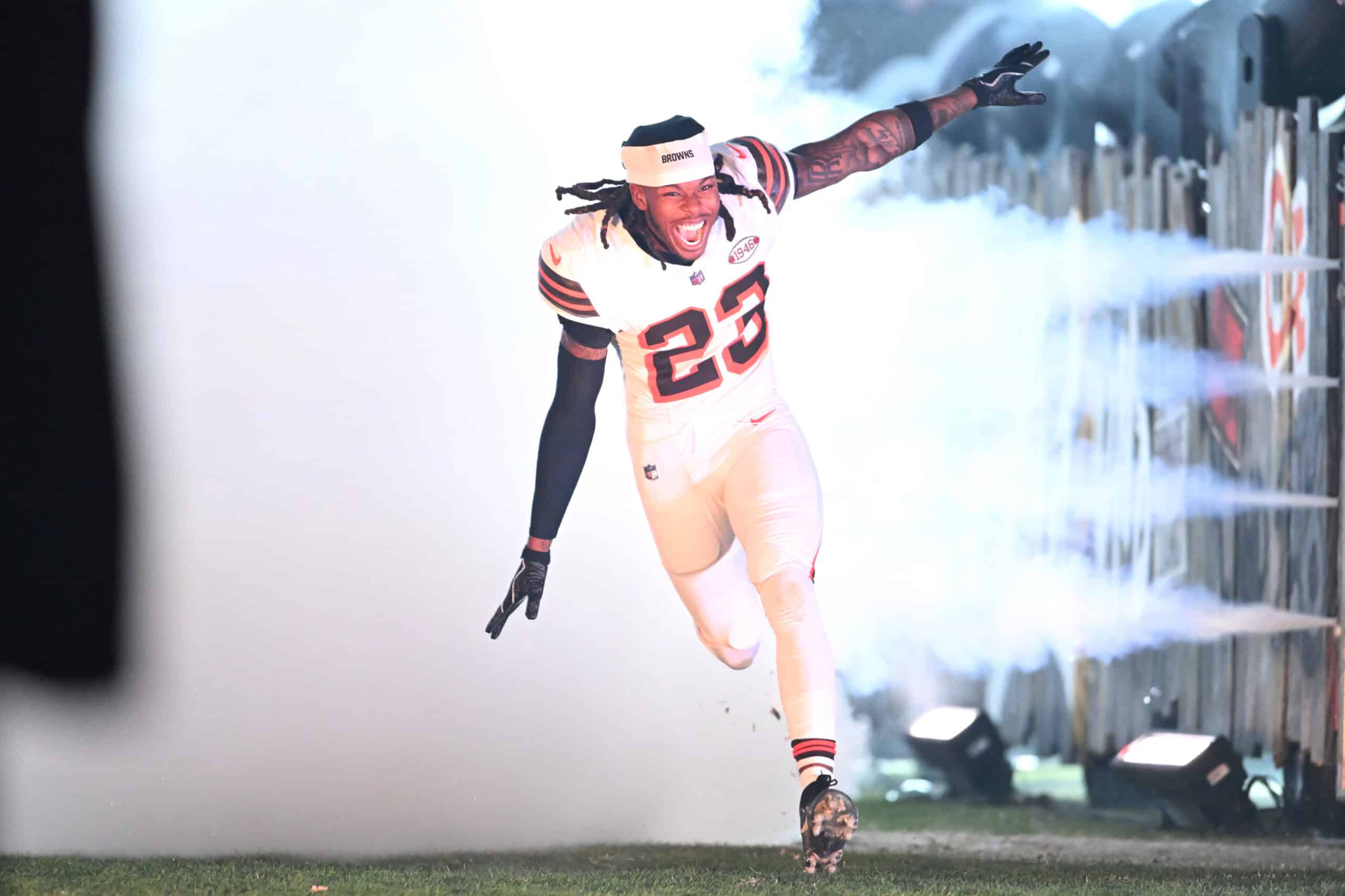 CLEVELAND, OHIO - DECEMBER 28: Martin Emerson Jr. #23 makes his way onto the field prior to playing the New York Jets at Cleveland Browns Stadium on December 28, 2023 in Cleveland, Ohio.