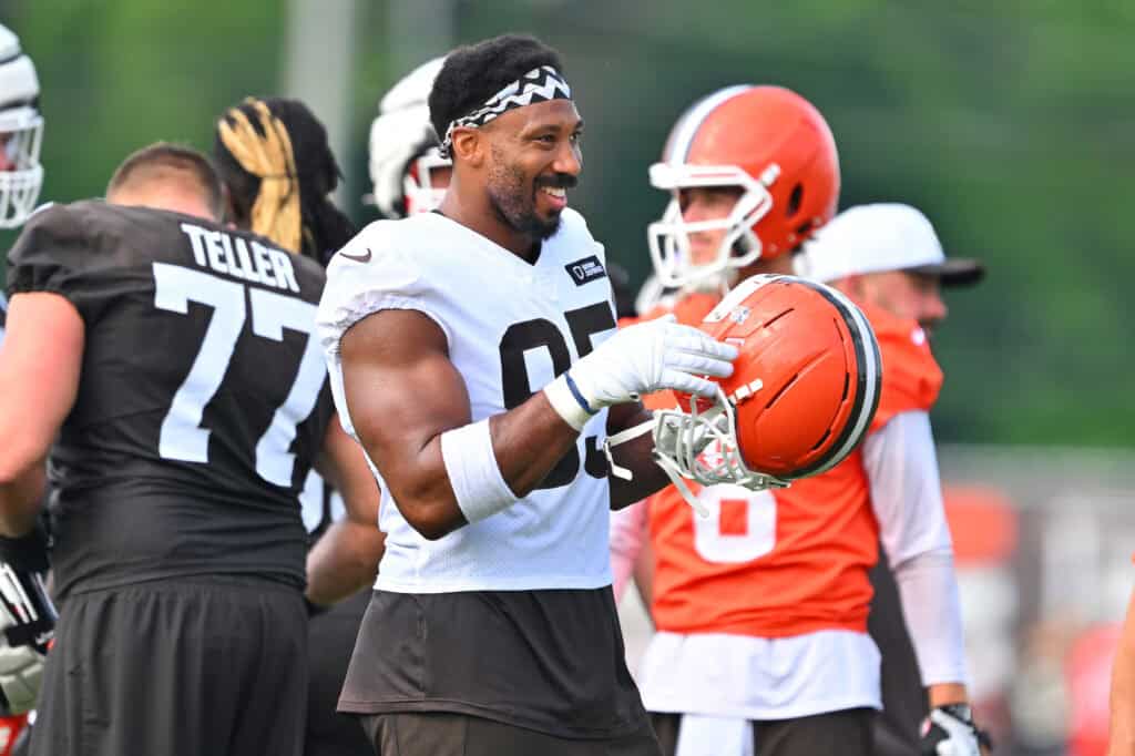 BEREA, OHIO - JULY 26: Defensive end Myles Garrett #95 of the Cleveland Browns smiles during training camp at CrossCountry Mortgage Campus on July 26, 2025 in Berea, Ohio.