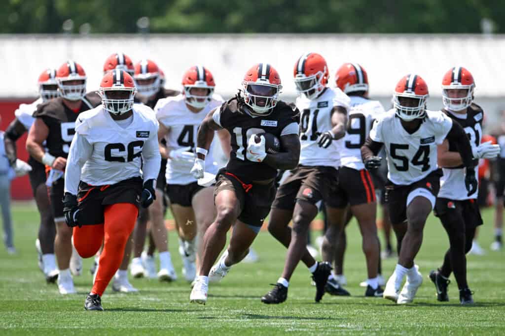 BEREA, OHIO - JUNE 11: Quinshon Judkins #10 of the Cleveland Browns runs a drill during Cleveland Browns mandatory minicamp at CrossCountry Mortgage Campus on June 11, 2025 in Berea, Ohio.