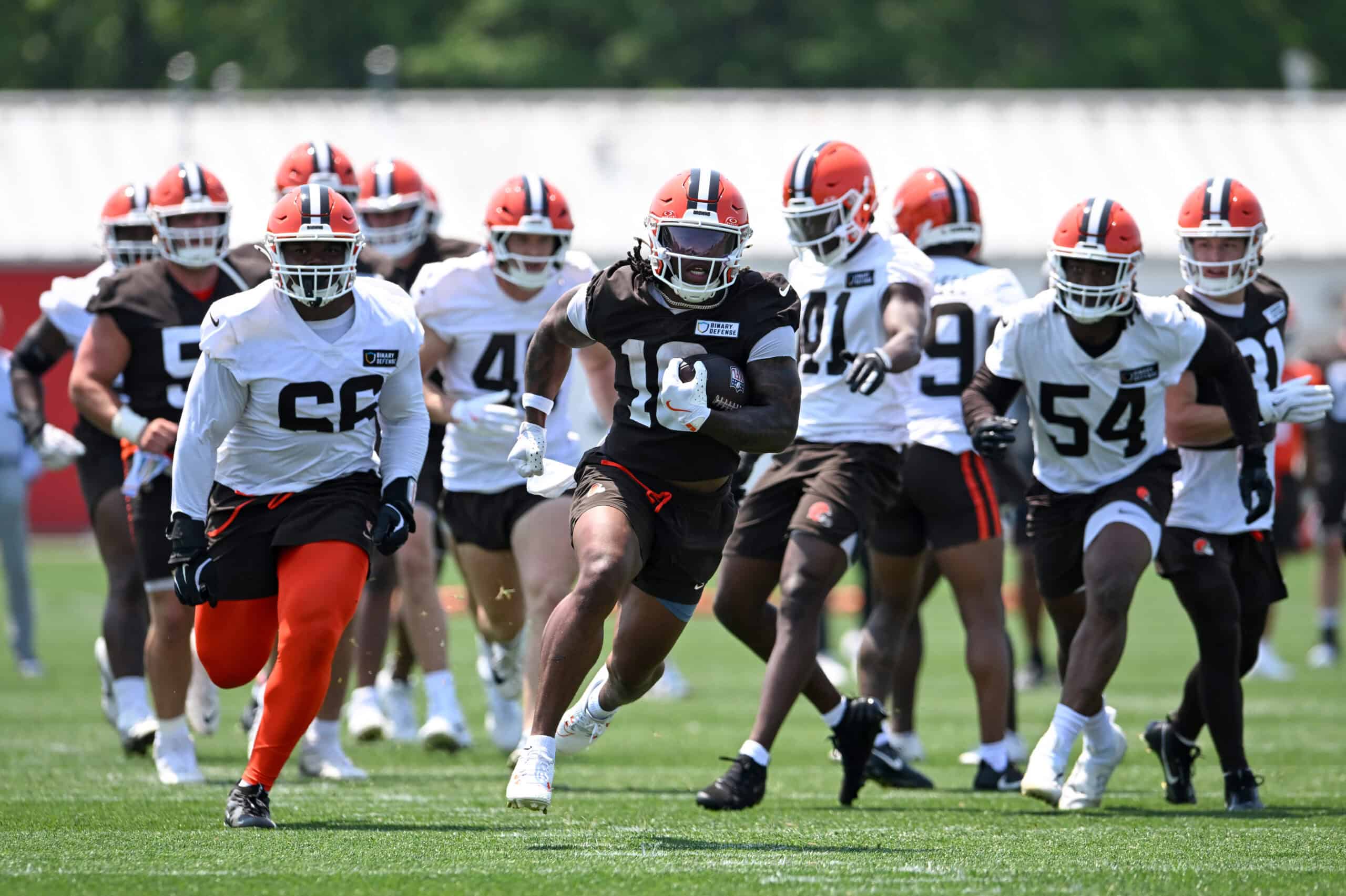 BEREA, OHIO - JUNE 11: Quinshon Judkins #10 of the Cleveland Browns runs a drill during Cleveland Browns mandatory minicamp at CrossCountry Mortgage Campus on June 11, 2025 in Berea, Ohio.