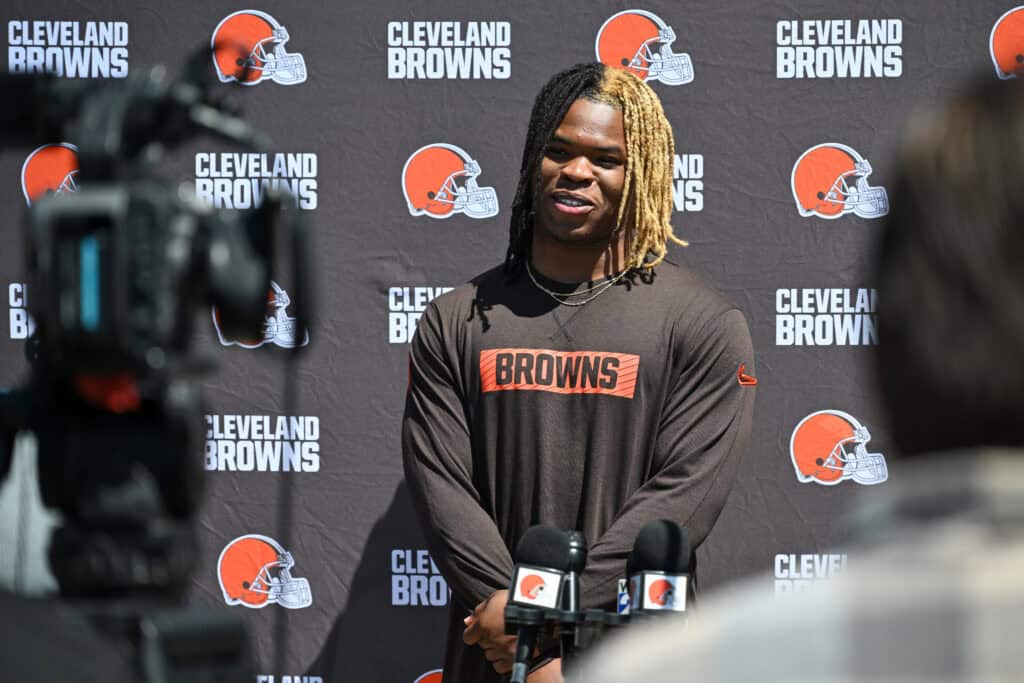 BEREA, OHIO - MAY 09: Quinshon Judkins #10 of the Cleveland Browns answers questions from the media during a press conference prior to rookie minicamp at CrossCountry Mortgage Campus on May 09, 2025 in Berea, Ohio.