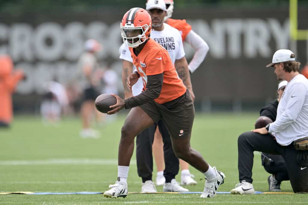 BEREA, OHIO - JULY 25: Quarterback Shedeur Sanders #12 of the Cleveland Browns runs a play during training camp at CrossCountry Mortgage Campus on July 25, 2025 in Berea, Ohio.