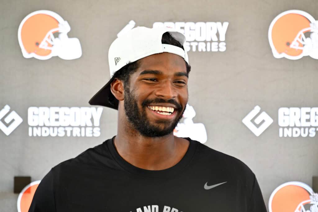 BEREA, OHIO - JULY 25: Quarterback Shedeur Sanders #12 of the Cleveland Browns talks to reporters during training camp at CrossCountry Mortgage Campus on July 25, 2025 in Berea, Ohio.