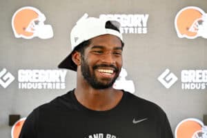 BEREA, OHIO - JULY 25: Quarterback Shedeur Sanders #12 of the Cleveland Browns talks to reporters during training camp at CrossCountry Mortgage Campus on July 25, 2025 in Berea, Ohio.