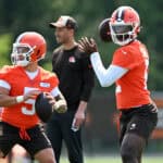 BEREA, OHIO - JUNE 11: Shedeur Sanders #12 and Dillon Gabriel #5 of the Cleveland Browns throw passes during Cleveland Browns mandatory minicamp at CrossCountry Mortgage Campus on June 11, 2025 in Berea, Ohio.