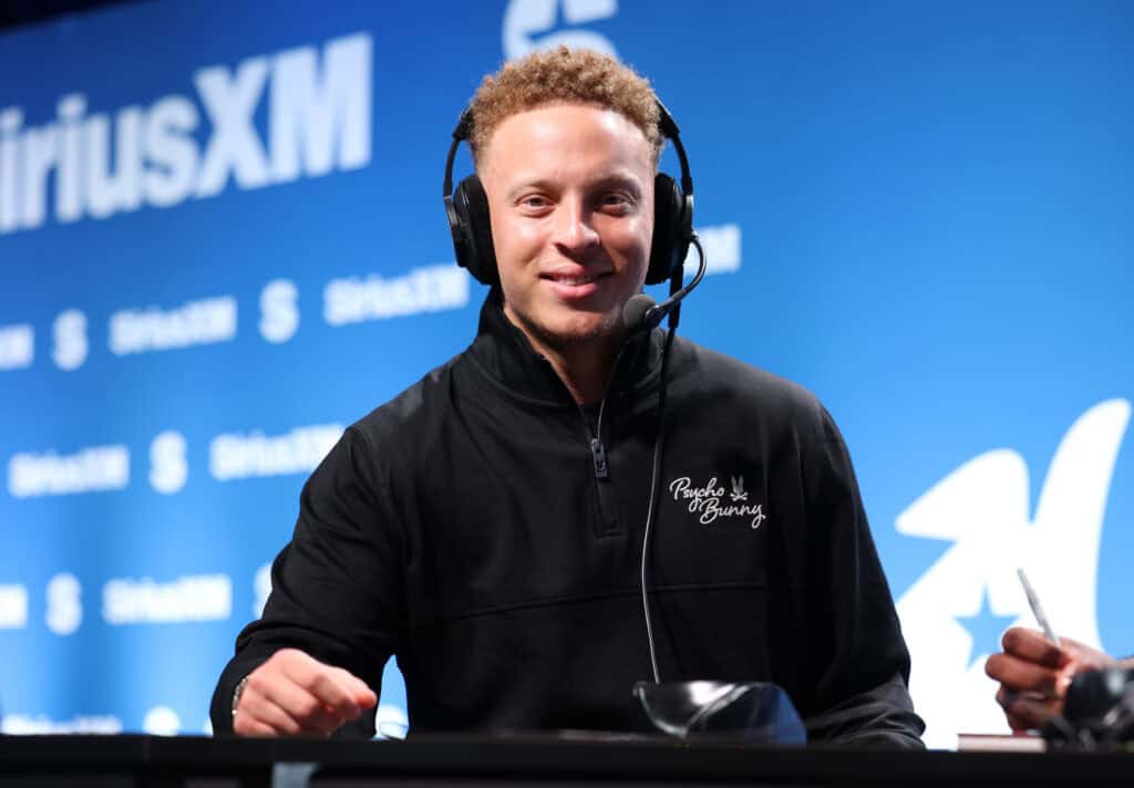 NEW ORLEANS, LOUISIANA - FEBRUARY 05: Spencer Rattler speaks on SiriusXM at Super Bowl LIX on February 05, 2025 in New Orleans, Louisiana.