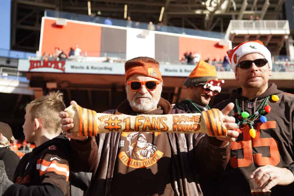 CLEVELAND, OHIO - DECEMBER 22: A Cleveland Browns fan poses prio to the game between the Baltimore Ravens and the Cleveland Browns at FirstEnergy Stadium on December 22, 2019 in Cleveland, Ohio.