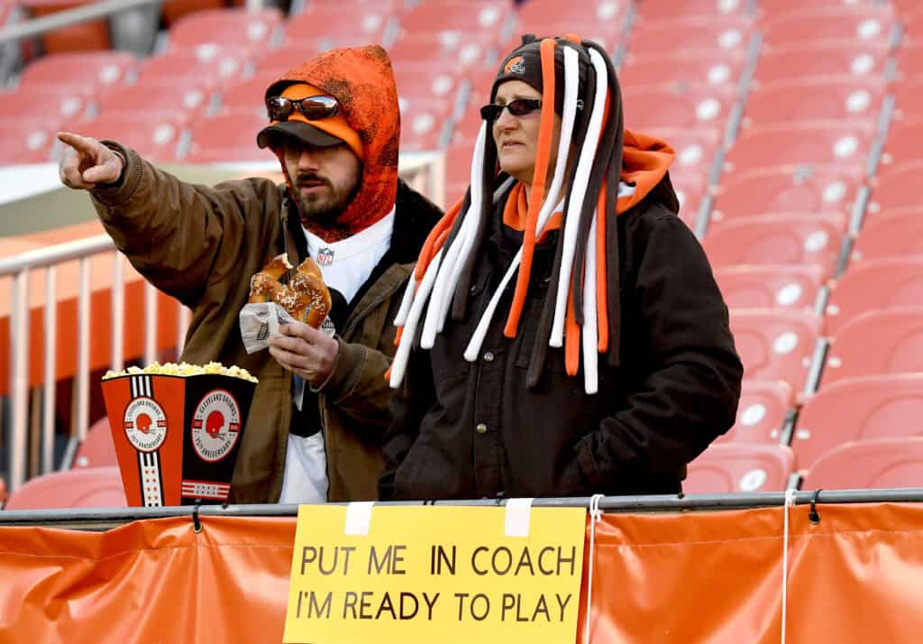CLEVELAND, OHIO - DECEMBER 20: Cleveland Browns fans look on prior to the game against the Las Vegas Raiders at FirstEnergy Stadium on December 20, 2021 in Cleveland, Ohio.
