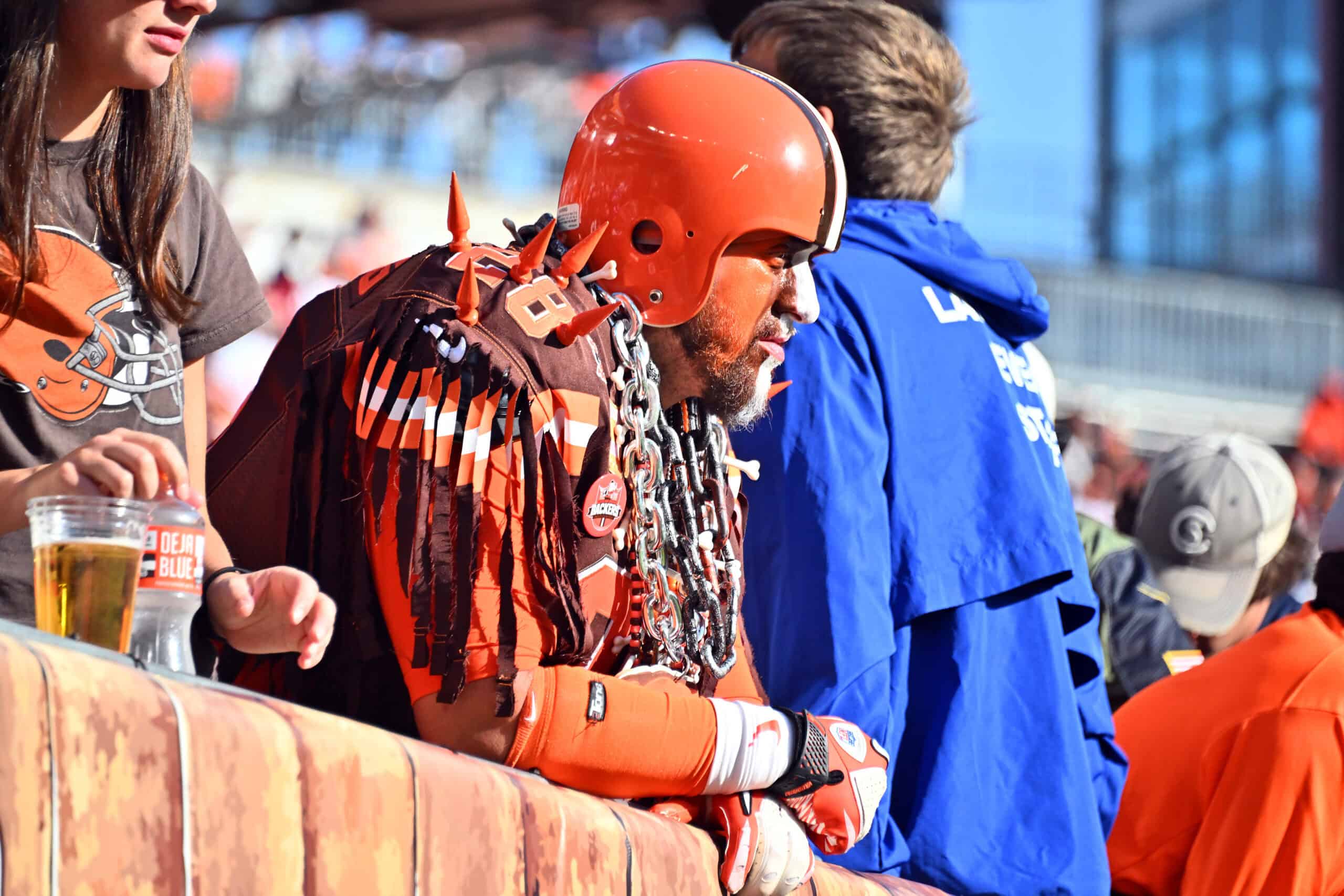 CLEVELAND, OHIO - OCTOBER 16: A Cleveland Browns fan reacts during the fourth quarter against the New England Patriots at FirstEnergy Stadium on October 16, 2022 in Cleveland, Ohio.