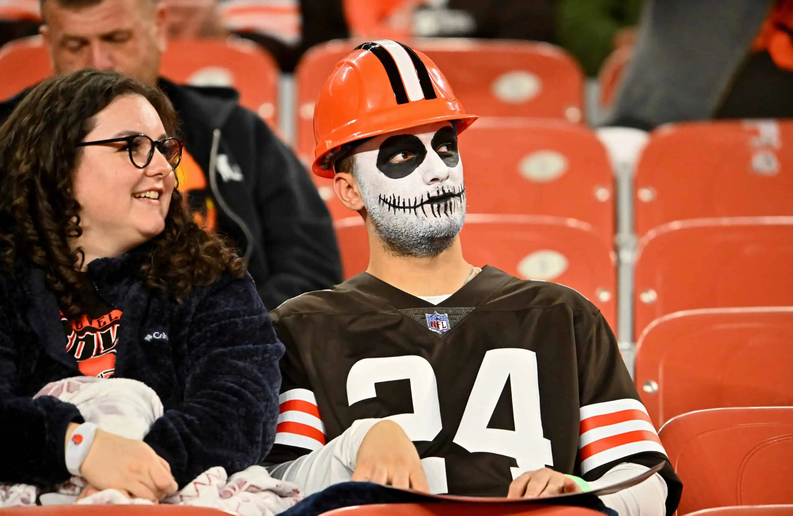 CLEVELAND, OHIO - OCTOBER 31: A fan dressed up for Halloween looks on before the game between the Cincinnati Bengals and the Cleveland Browns at FirstEnergy Stadium on October 31, 2022 in Cleveland, Ohio.
