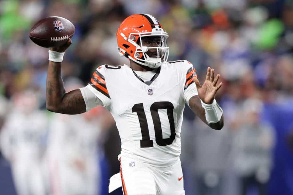 SEATTLE, WASHINGTON - AUGUST 24: Quarterback Tyler Huntley #10 of the Cleveland Browns throws against the Seattle Seahawks during an NFL preseason game at Lumen Field on August 24, 2024 in Seattle, Washington.