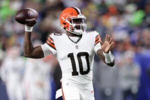 SEATTLE, WASHINGTON - AUGUST 24: Quarterback Tyler Huntley #10 of the Cleveland Browns throws against the Seattle Seahawks during an NFL preseason game at Lumen Field on August 24, 2024 in Seattle, Washington.