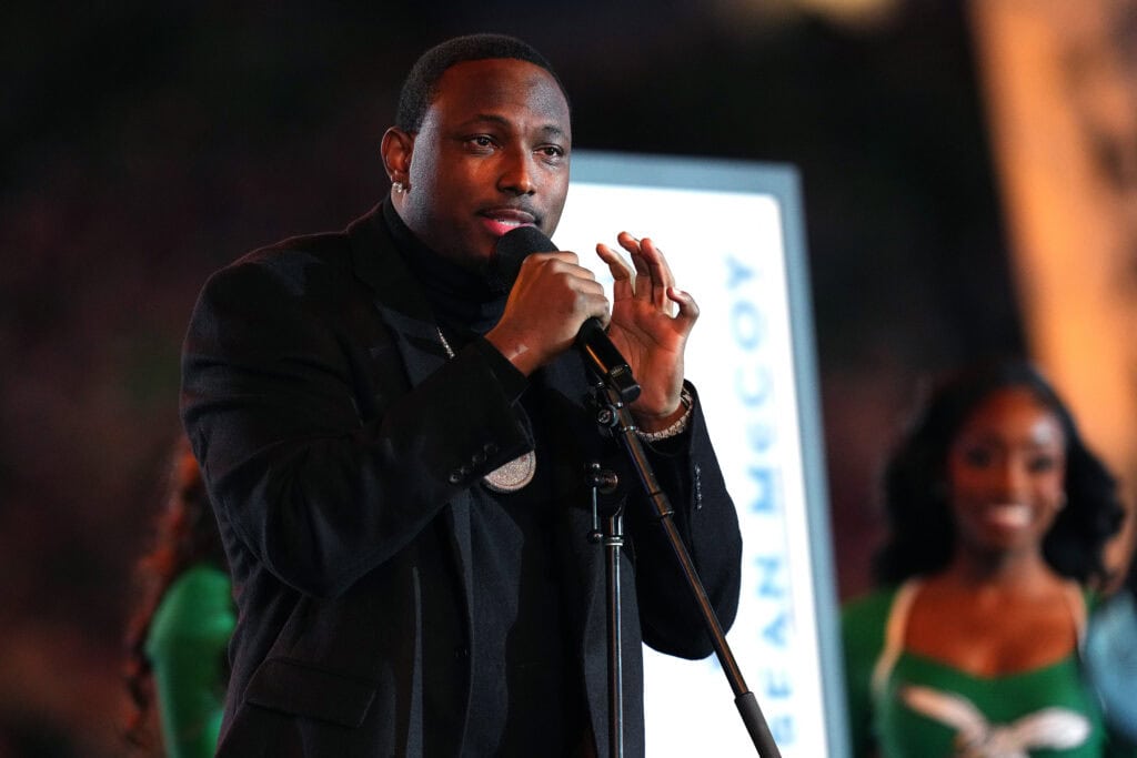 PHILADELPHIA, PENNSYLVANIA - NOVEMBER 03: Former Philadelphia Eagles player LeSean McCoy speaks during an Eagles Hall of Fame induction ceremony during halftime of a game against the Jacksonville Jaguars at Lincoln Financial Field on November 03, 2024 in Philadelphia, Pennsylvania.
