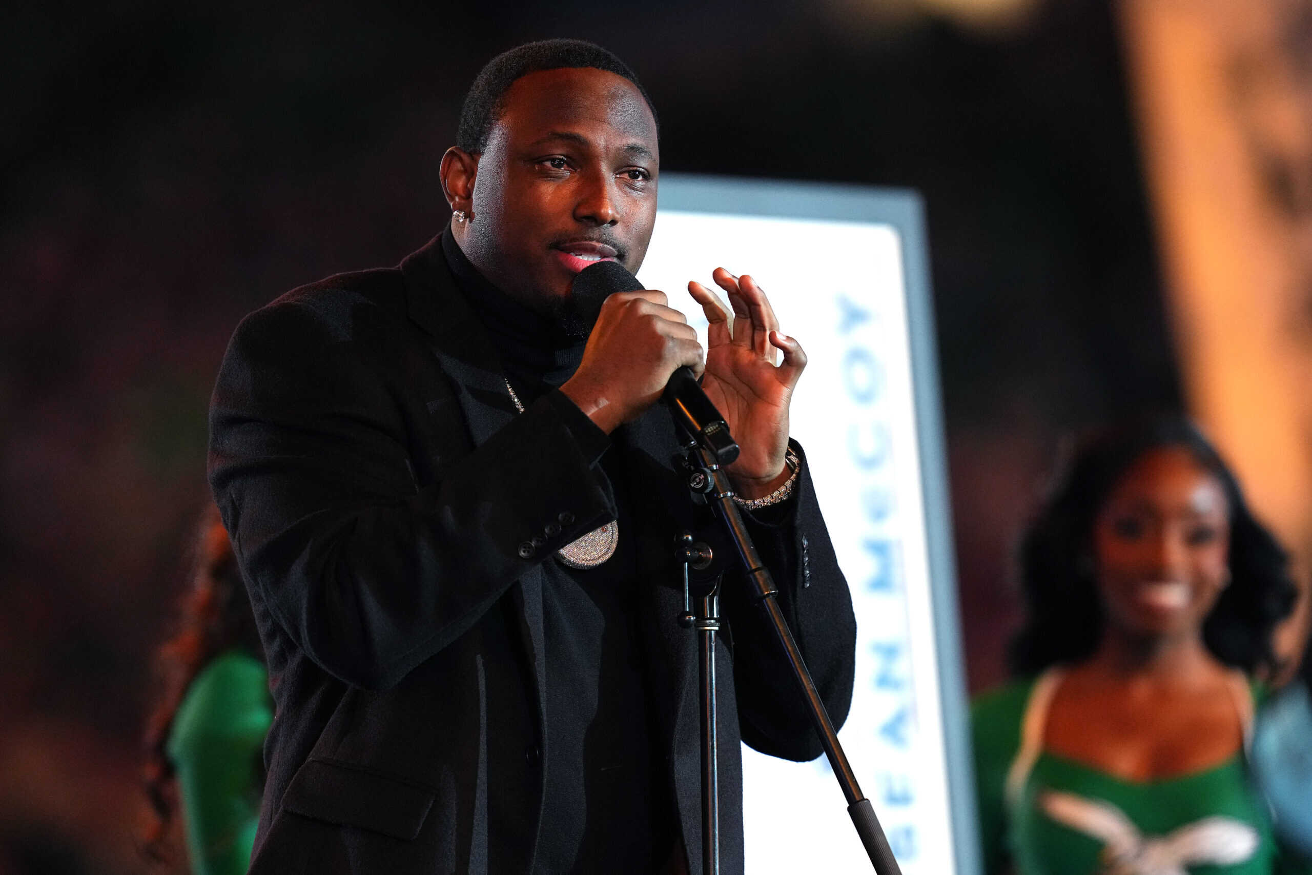 PHILADELPHIA, PENNSYLVANIA - NOVEMBER 03: Former Philadelphia Eagles player LeSean McCoy speaks during an Eagles Hall of Fame induction ceremony during halftime of a game against the Jacksonville Jaguars at Lincoln Financial Field on November 03, 2024 in Philadelphia, Pennsylvania.