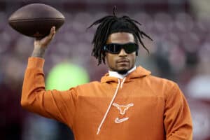 COLLEGE STATION, TEXAS - NOVEMBER 30: Isaiah Bond #7 of the Texas Longhorns warms up before the game against the Texas A&M Aggies at Kyle Field on November 30, 2024 in College Station, Texas.