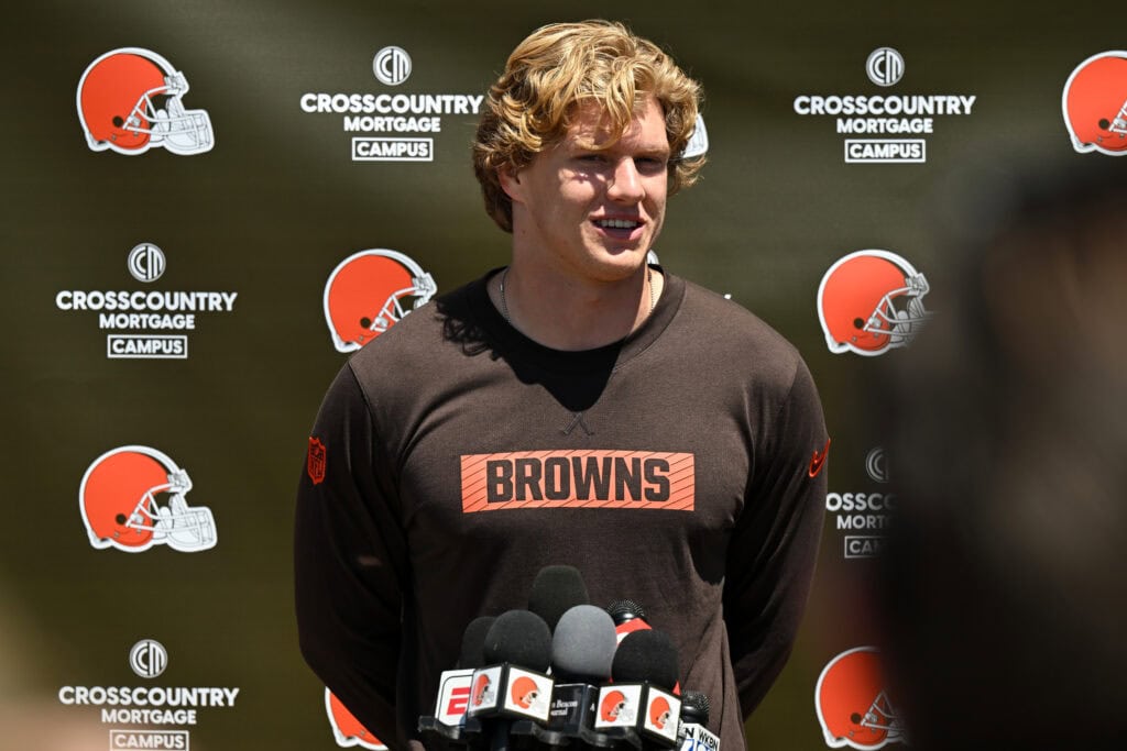 BEREA, OHIO - MAY 09: Carson Schwesinger #49 of the Cleveland Browns answers questions from the media during a press conference prior to rookie minicamp at CrossCountry Mortgage Campus on May 09, 2025 in Berea, Ohio.