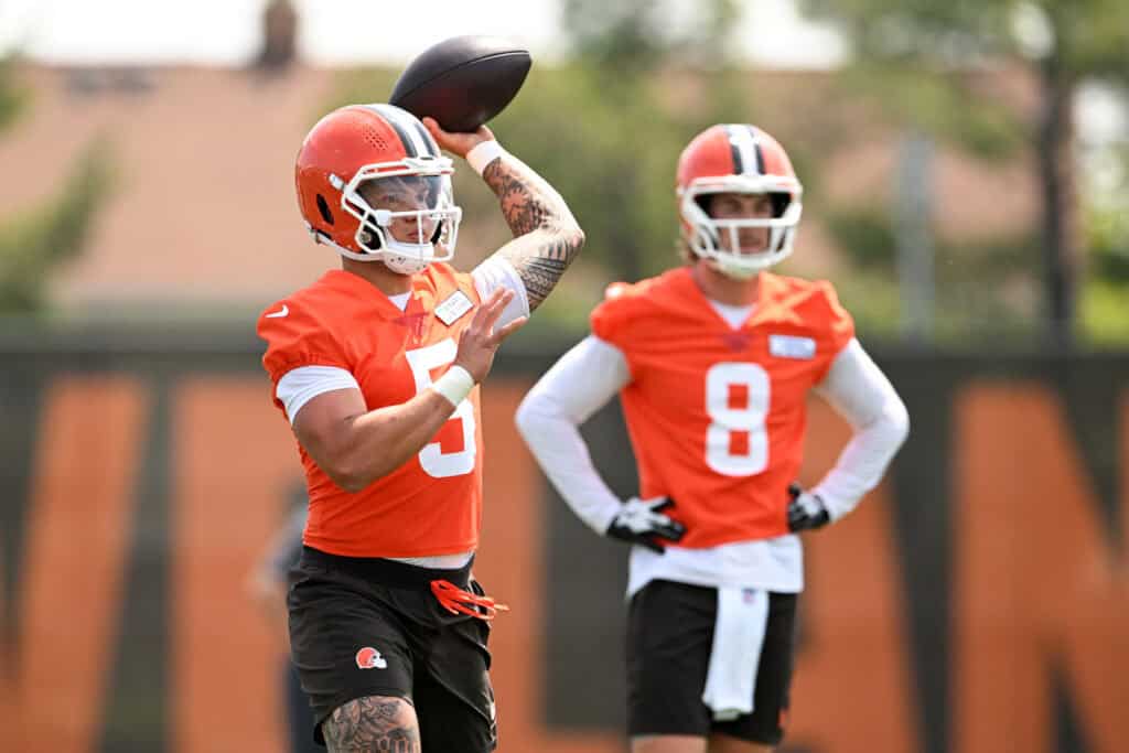 BEREA, OHIO - JUNE 04: Dillon Gabriel #5 of the Cleveland Browns throws a pass during Cleveland Browns OTA offseason workouts at CrossCountry Mortgage Campus on June 04, 2025 in Berea, Ohio.