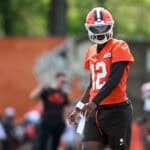 BEREA, OHIO - JUNE 10: Shedeur Sanders #12 of the Cleveland Browns looks on during Cleveland Browns mandatory minicamp at CrossCountry Mortgage Campus on June 10, 2025 in Berea, Ohio.