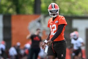 BEREA, OHIO - JUNE 10: Shedeur Sanders #12 of the Cleveland Browns looks on during Cleveland Browns mandatory minicamp at CrossCountry Mortgage Campus on June 10, 2025 in Berea, Ohio.