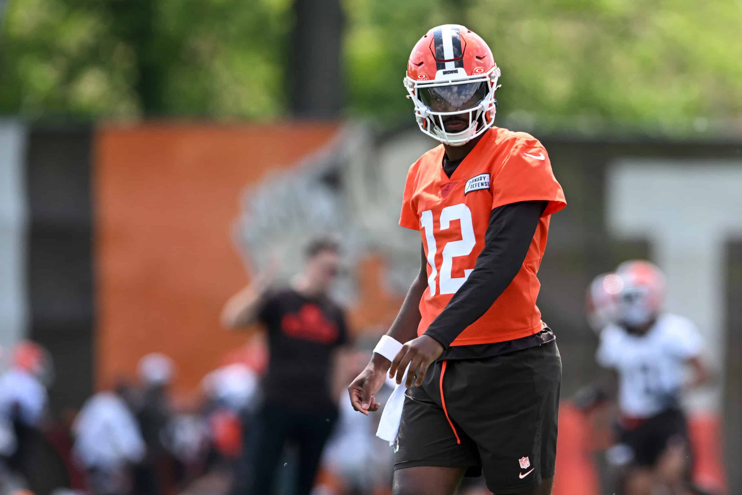BEREA, OHIO - JUNE 10: Shedeur Sanders #12 of the Cleveland Browns looks on during Cleveland Browns mandatory minicamp at CrossCountry Mortgage Campus on June 10, 2025 in Berea, Ohio.