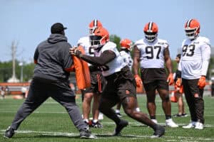 BEREA, OHIO - JUNE 10: Maliek Collins #96 of the Cleveland Browns runs a drill during Cleveland Browns mandatory minicamp at CrossCountry Mortgage Campus on June 10, 2025 in Berea, Ohio.