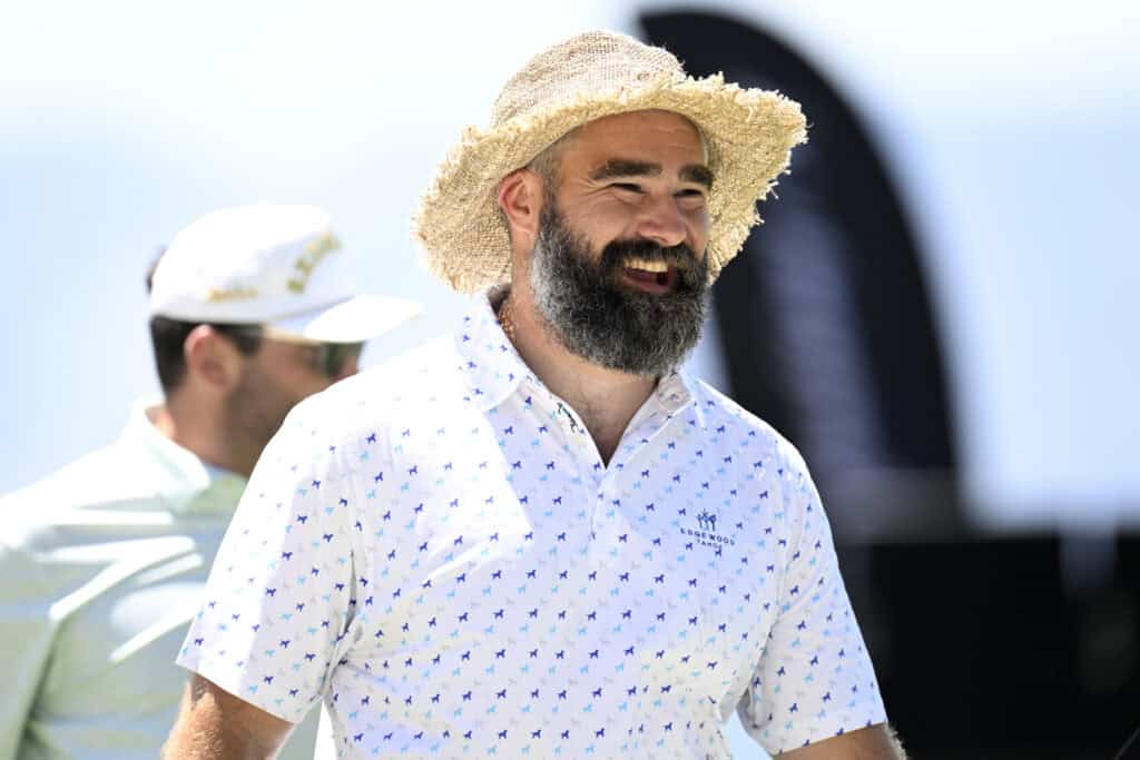 STATELINE, NEVADA - JULY 12: Jason Kelce stands on the 17th green during the second round of the American Century Championship at Edgewood Tahoe Golf Course on July 12, 2025 in Stateline, Nevada.