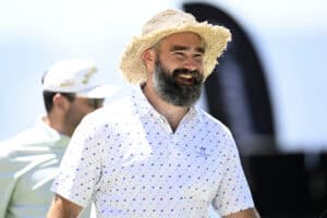 STATELINE, NEVADA - JULY 12: Jason Kelce stands on the 17th green during the second round of the American Century Championship at Edgewood Tahoe Golf Course on July 12, 2025 in Stateline, Nevada.