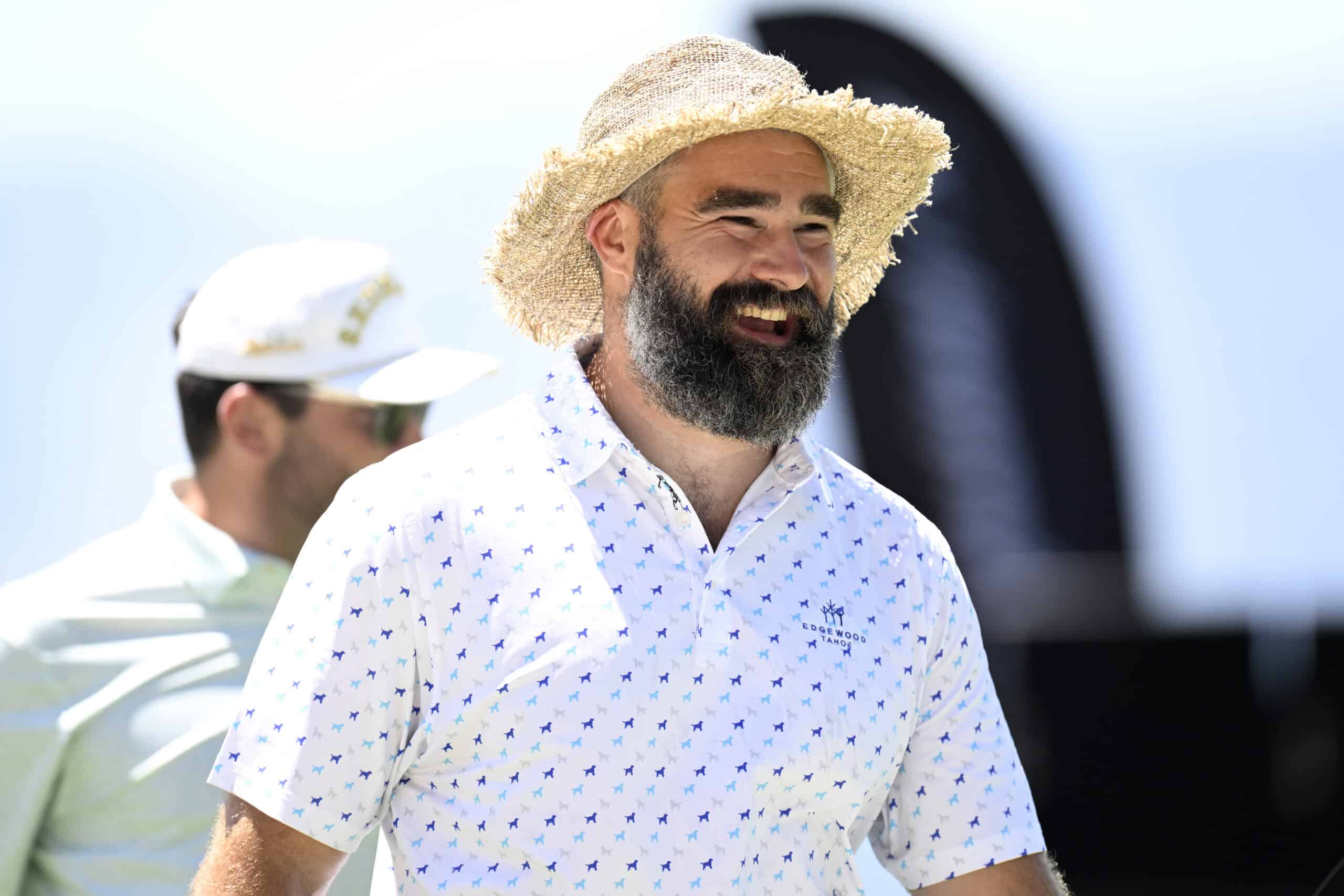 STATELINE, NEVADA - JULY 12: Jason Kelce stands on the 17th green during the second round of the American Century Championship at Edgewood Tahoe Golf Course on July 12, 2025 in Stateline, Nevada.
