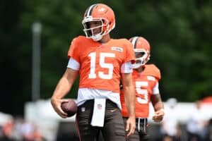BEREA, OHIO - JULY 28: Joe Flacco #15 of the Cleveland Browns looks on during Cleveland Browns training camp at CrossCountry Mortgage Campus on July 28, 2025 in Berea, Ohio